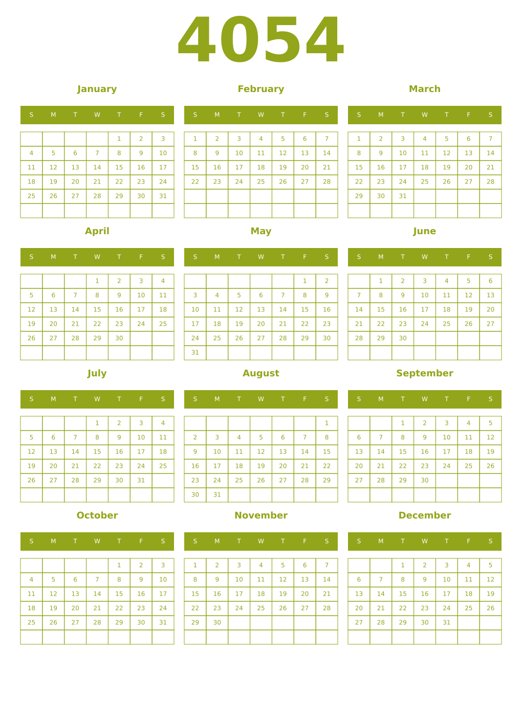 Printable 4054 Year Calendars chartreuse