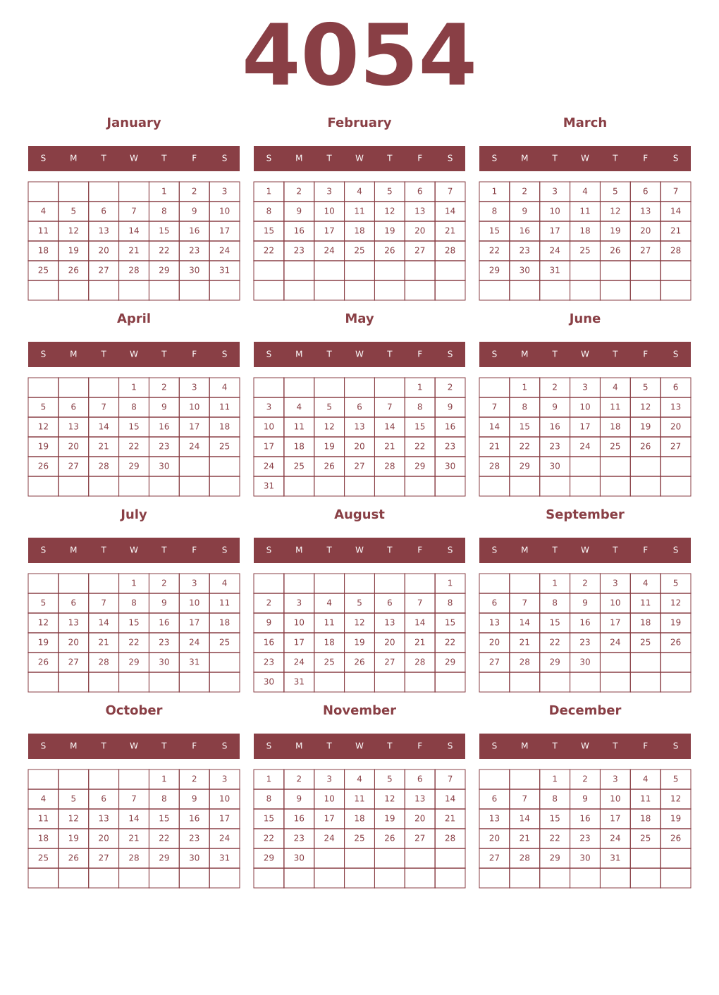 Printable 4054 Year Calendars cordovan