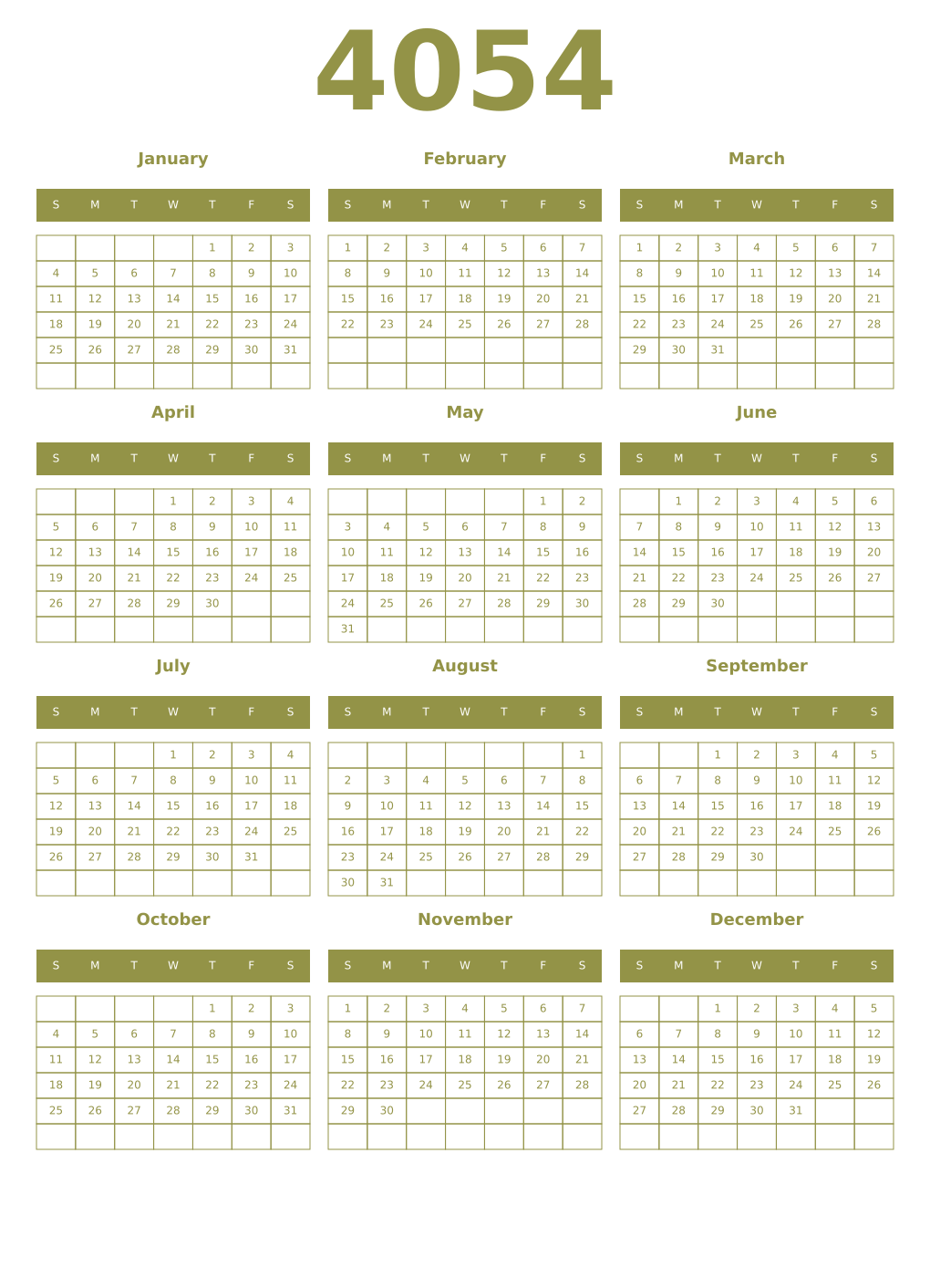 Printable 4054 Year Calendars eburnean