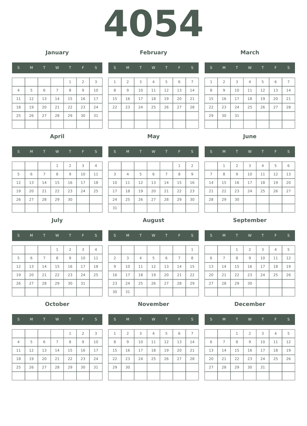 Printable 4054 Year Calendars feldgrau