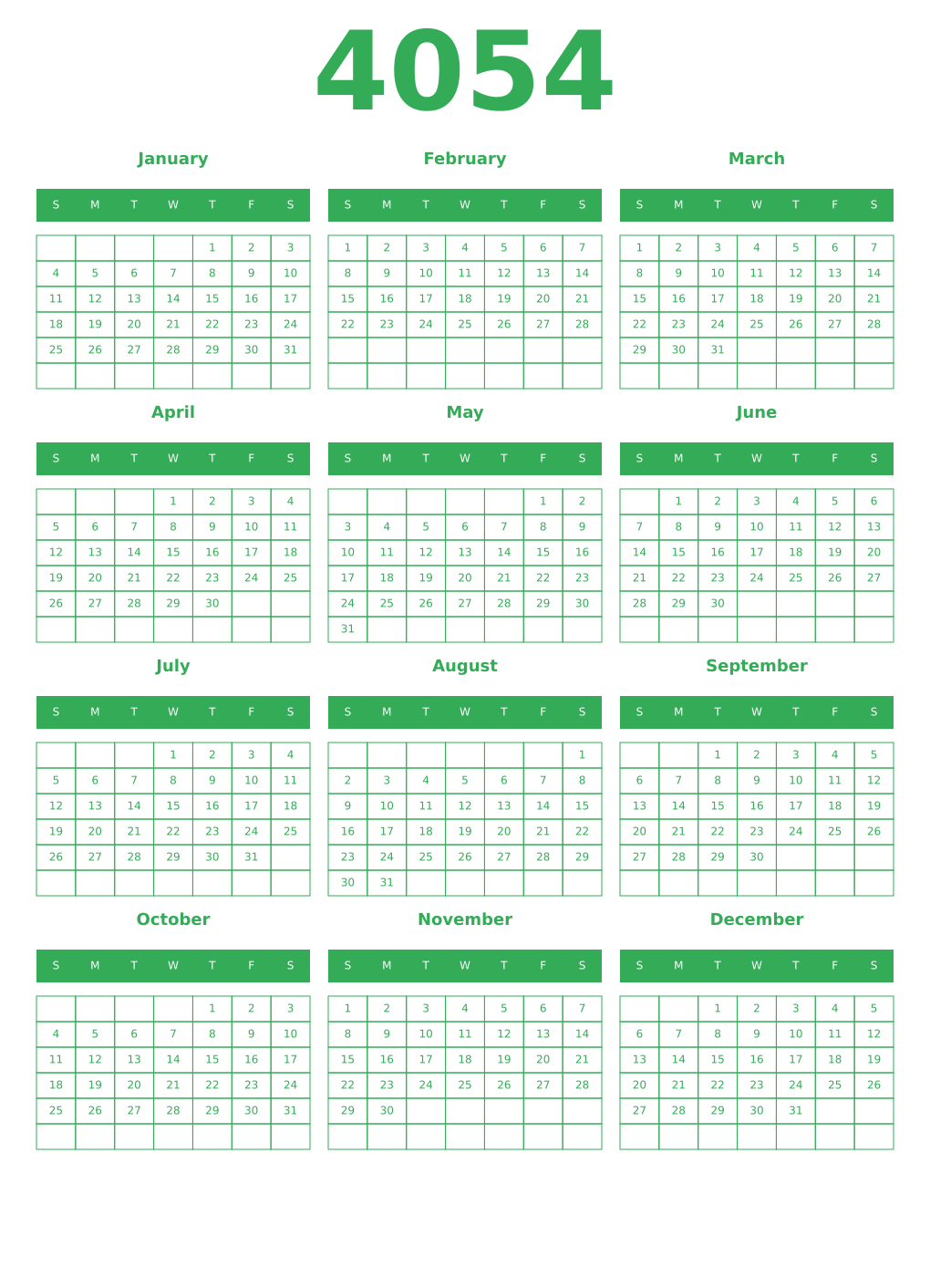 Printable 4054 Year Calendars green