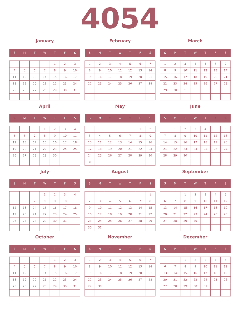 Printable 4054 Year Calendars puce