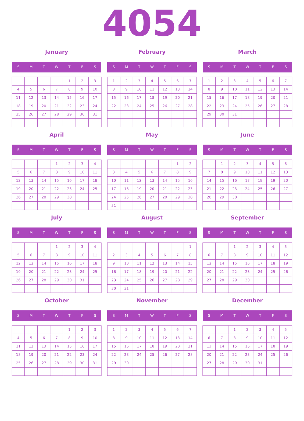 Printable 4054 Year Calendars purple