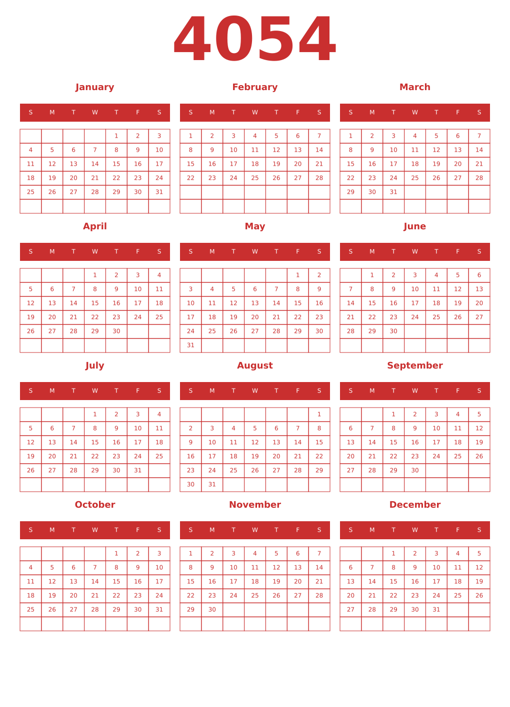 Printable 4054 Year Calendars red