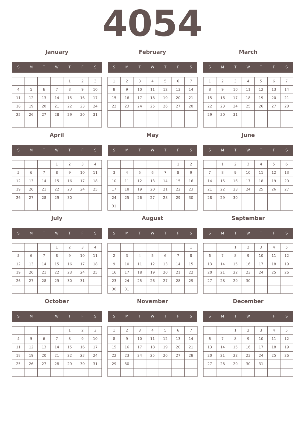Printable 4054 Year Calendars wenge