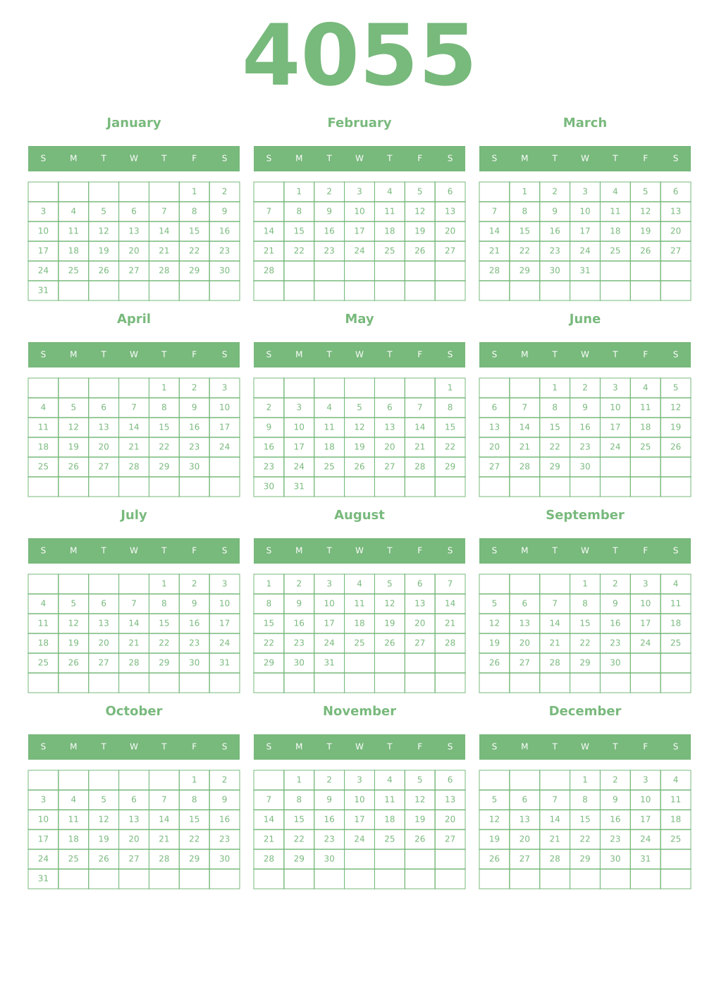 Printable 4055 Year Calendars celadon