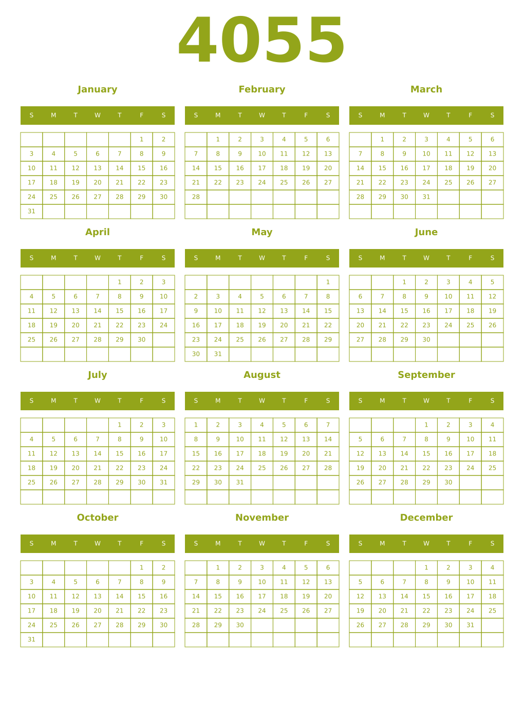 Printable 4055 Year Calendars chartreuse