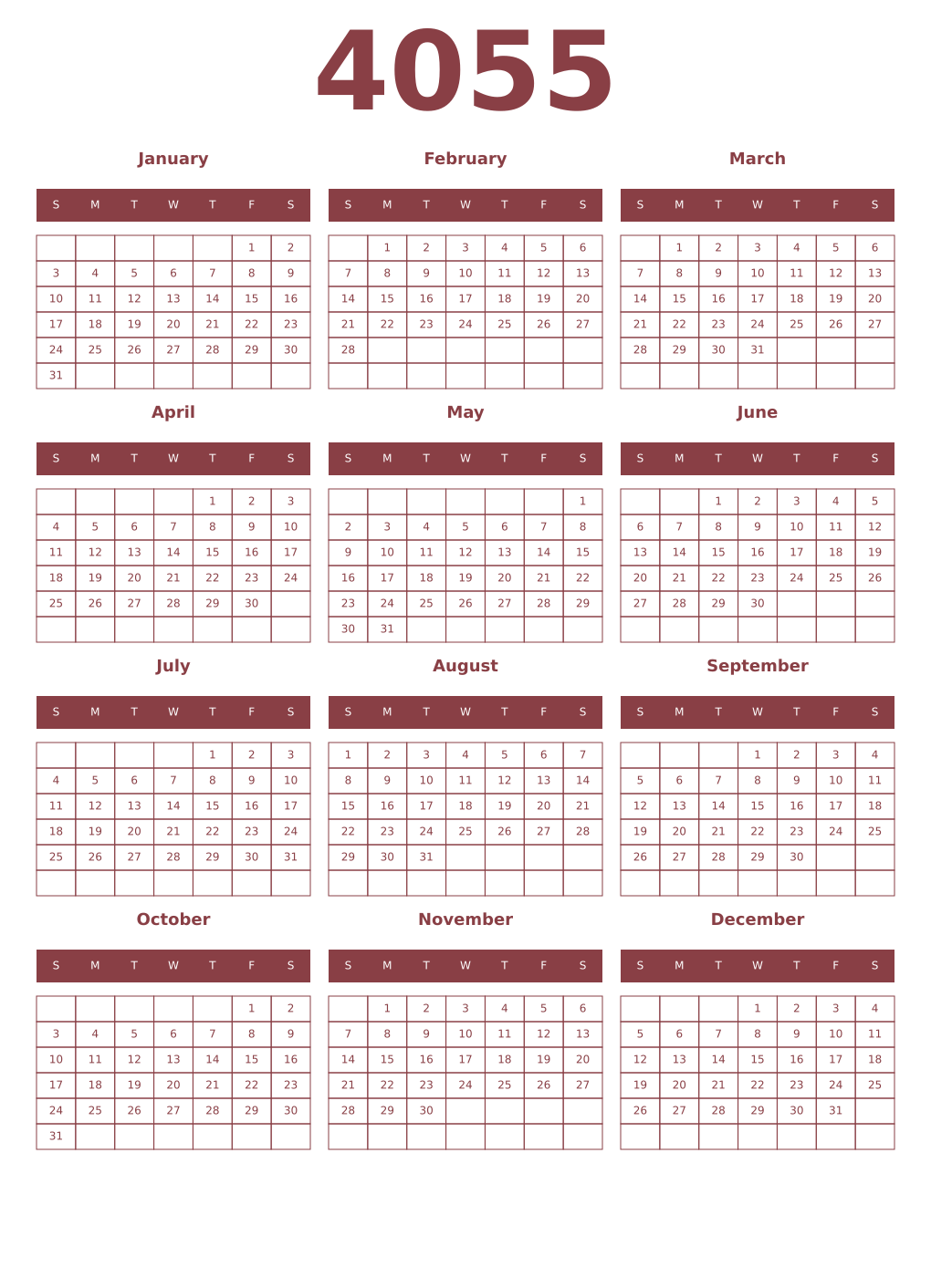 Printable 4055 Year Calendars cordovan