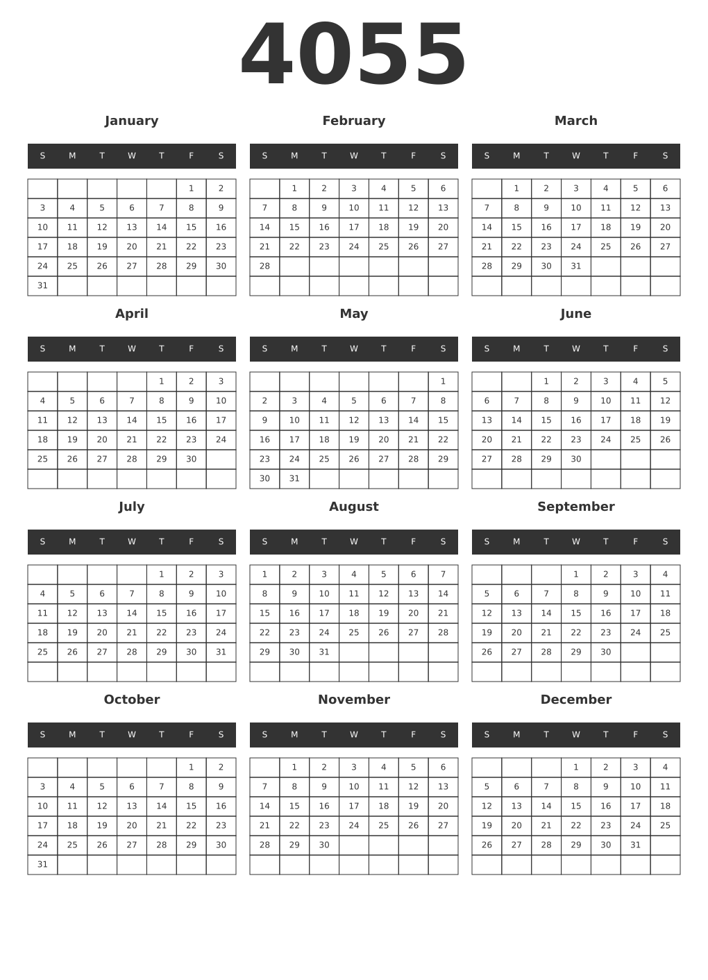 Printable 4055 Year Calendars dark