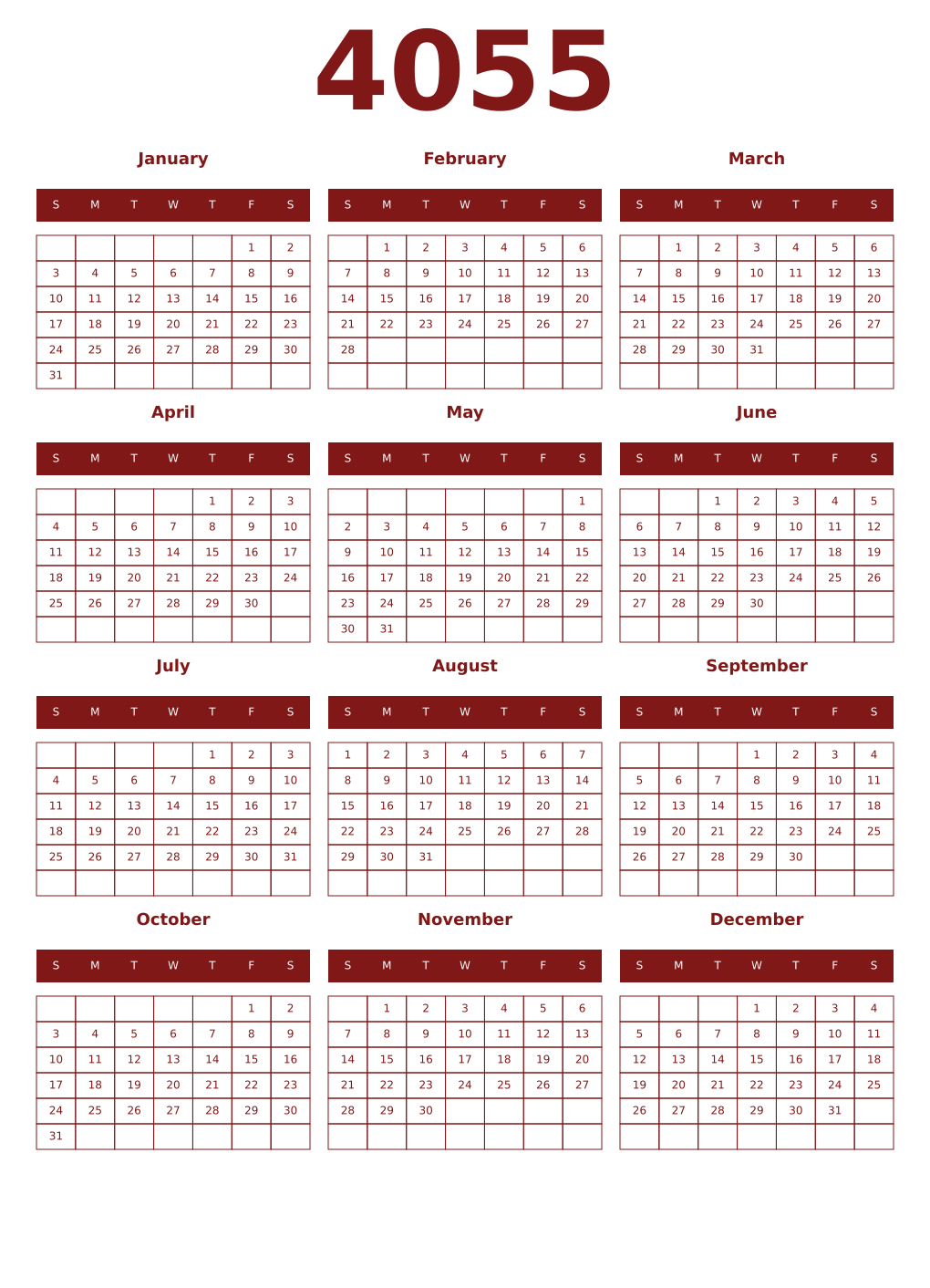 Printable 4055 Year Calendars falu
