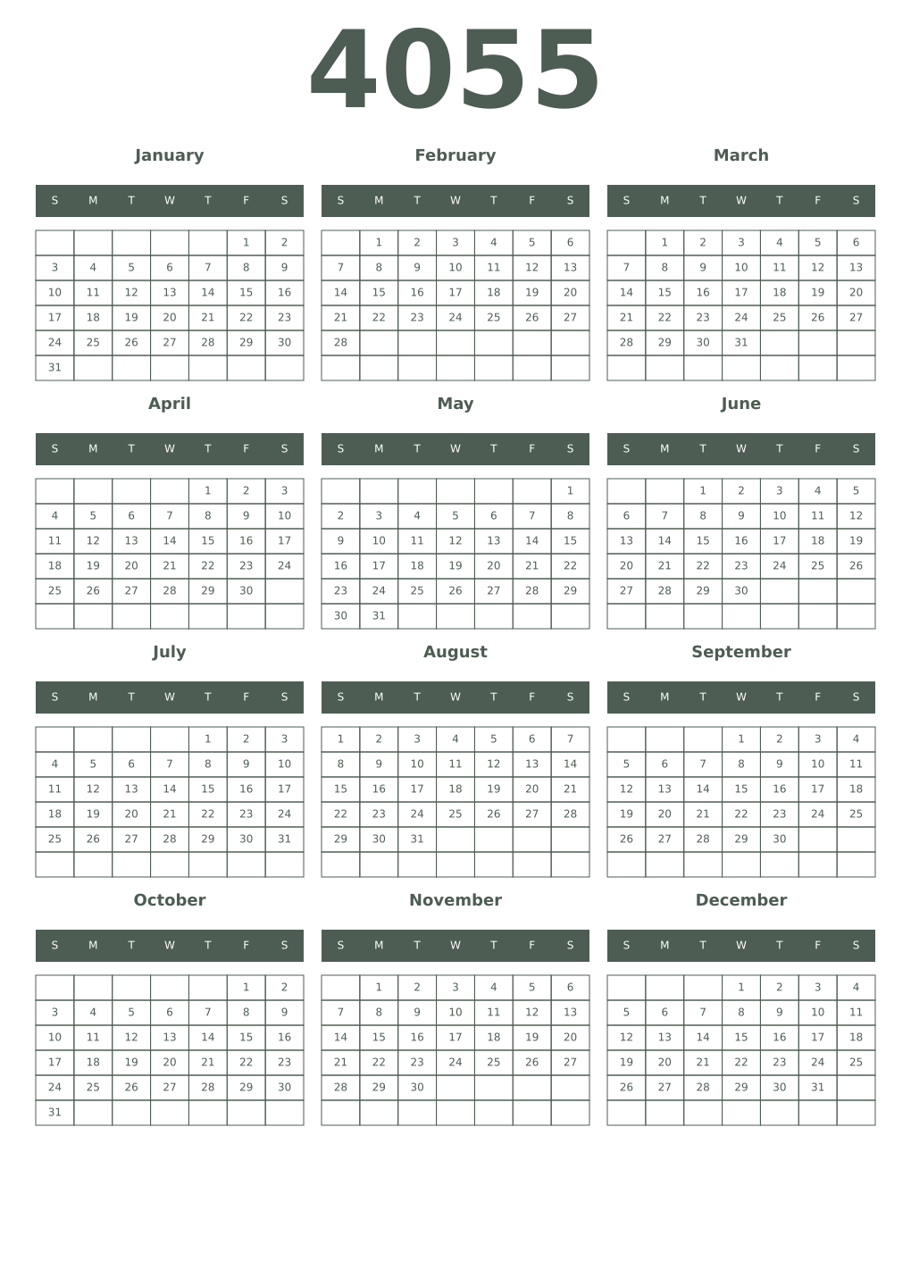 Printable 4055 Year Calendars feldgrau