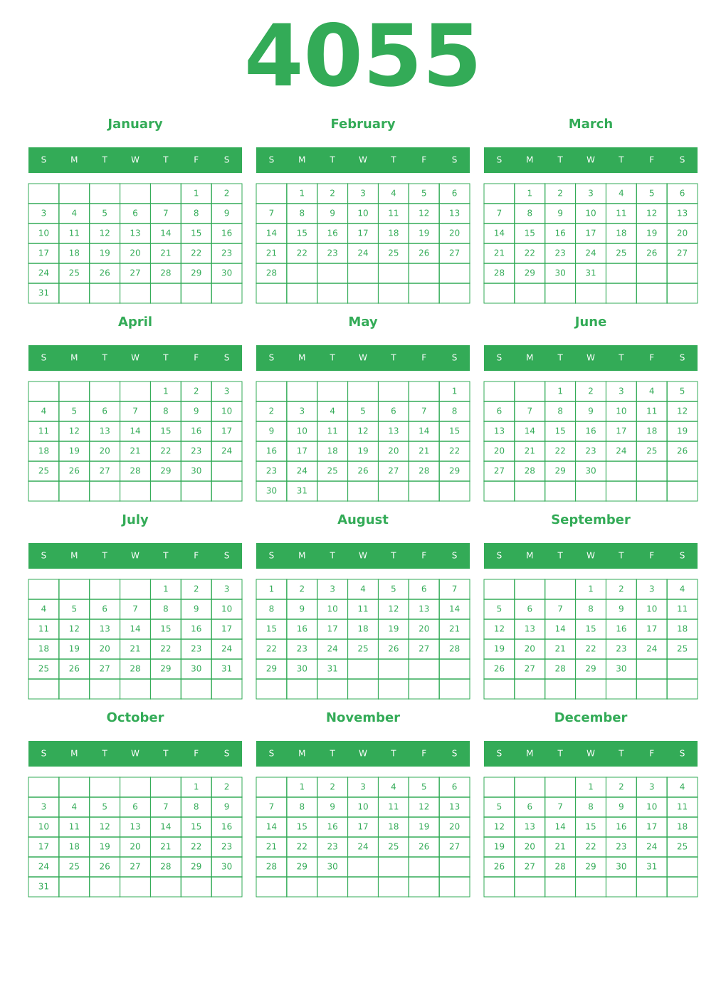 Printable 4055 Year Calendars green