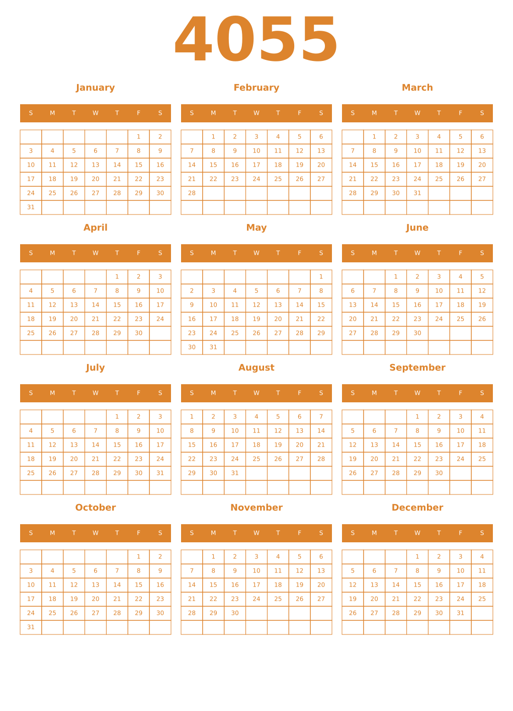 Printable 4055 Year Calendars orange