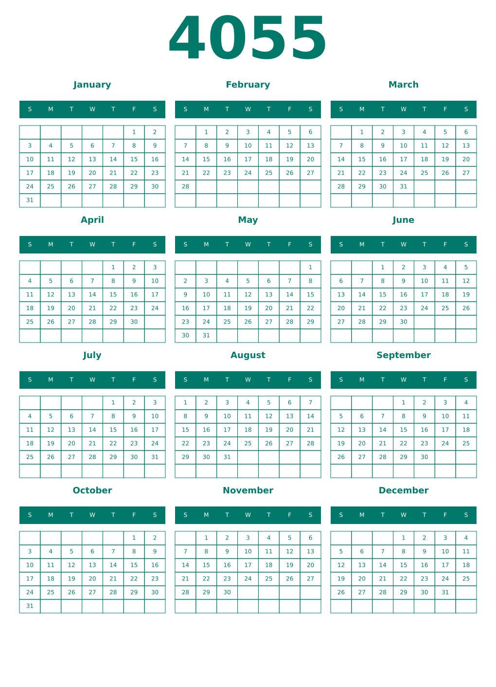 Printable 4055 Year Calendars pastel