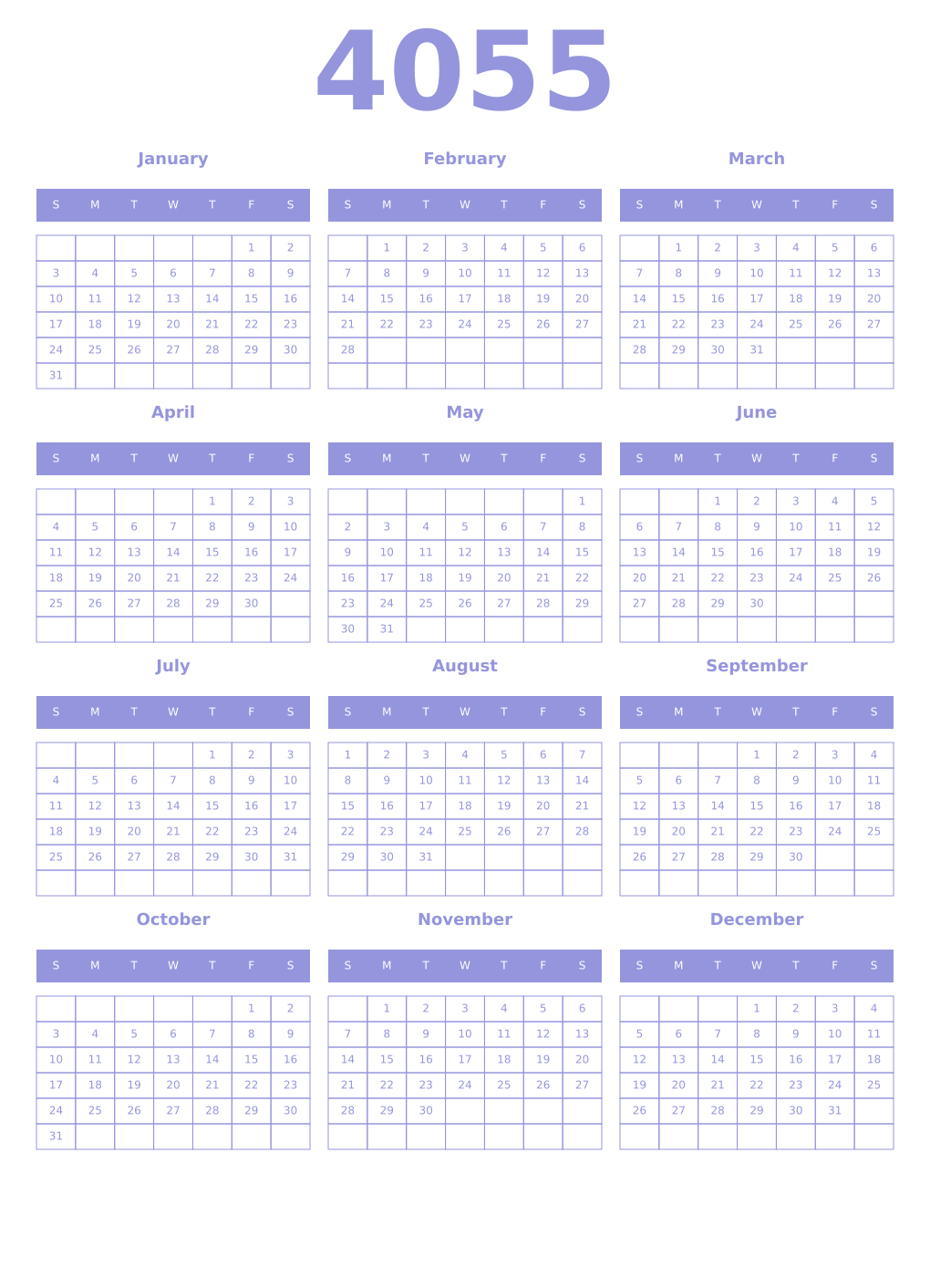 Printable 4055 Year Calendars periwinkle