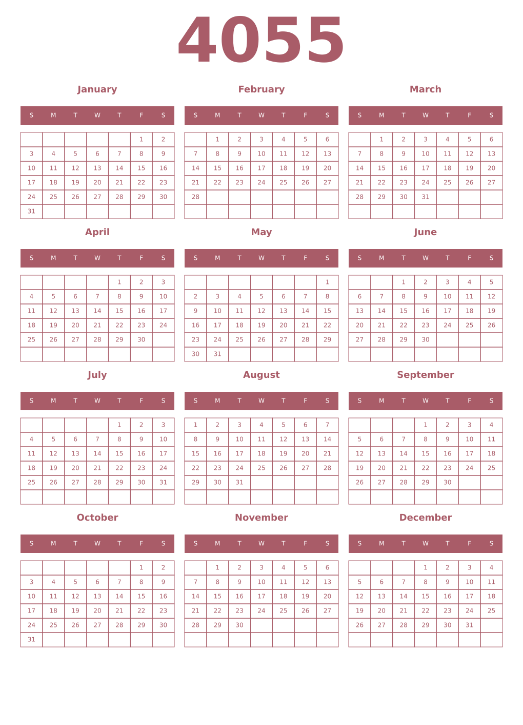 Printable 4055 Year Calendars puce