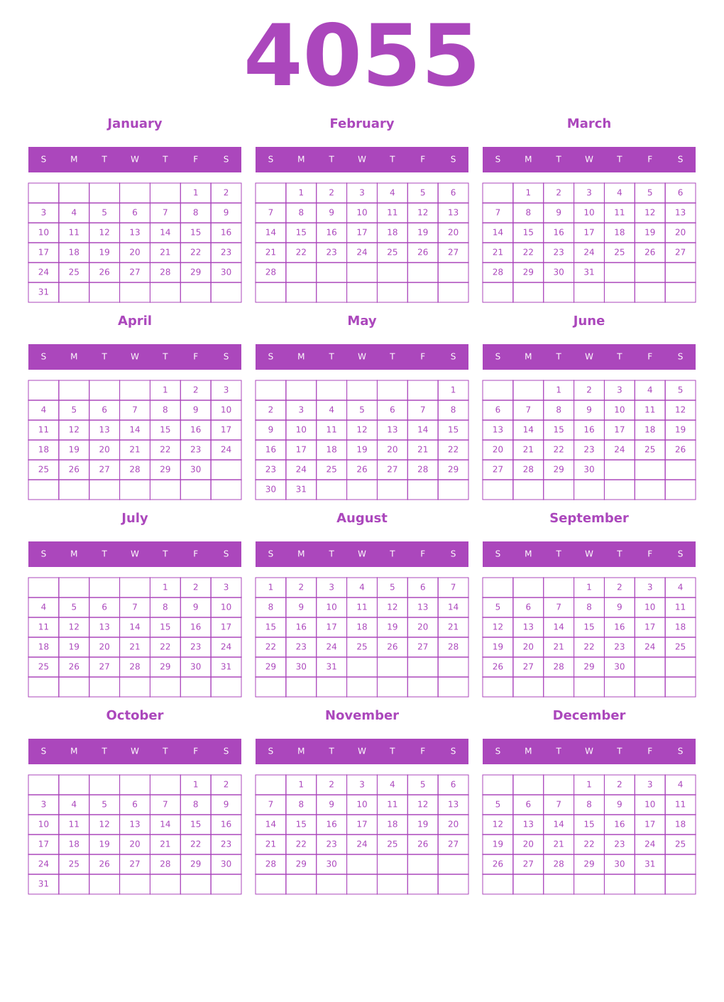 Printable 4055 Year Calendars purple