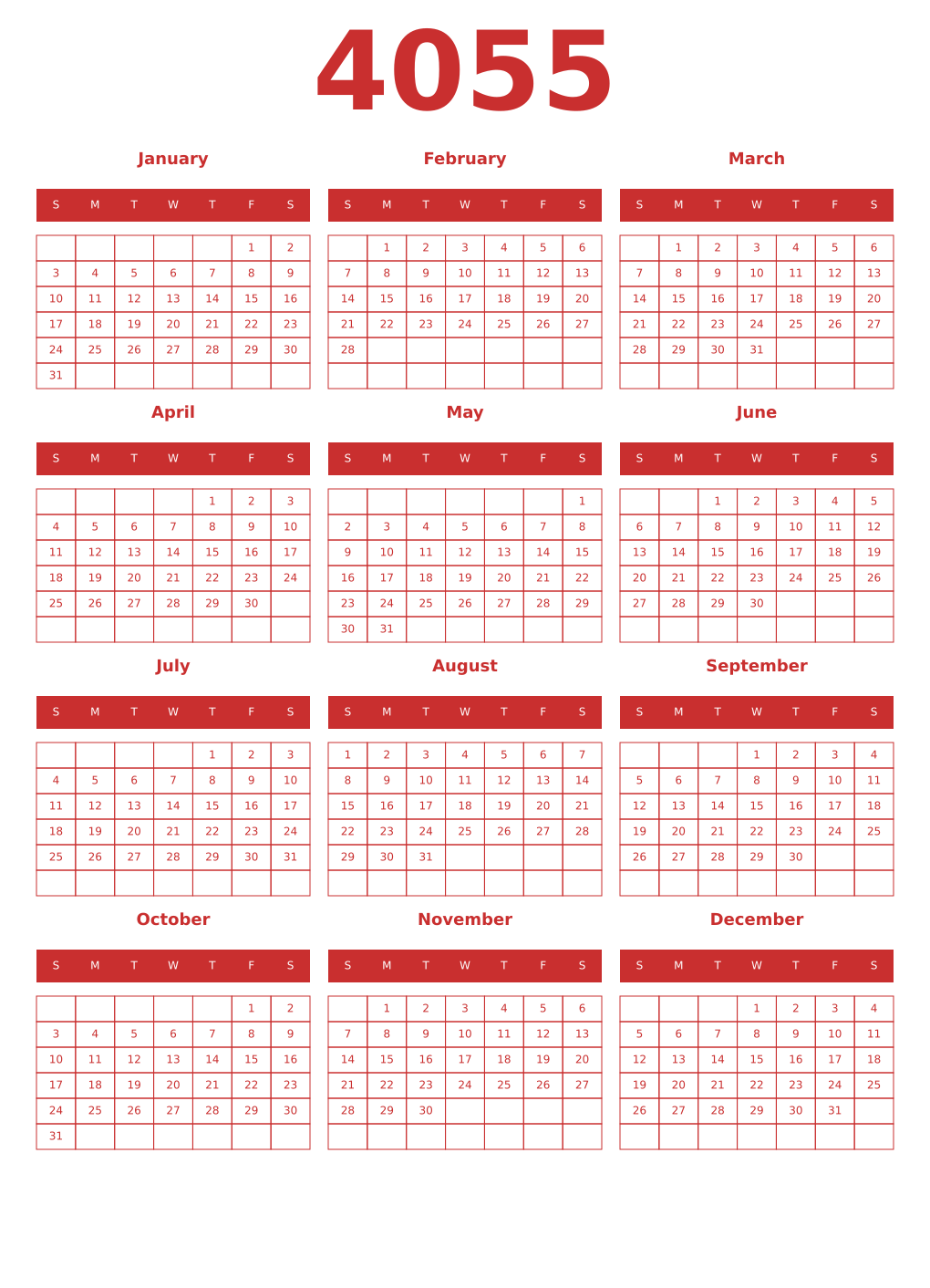 Printable 4055 Year Calendars red