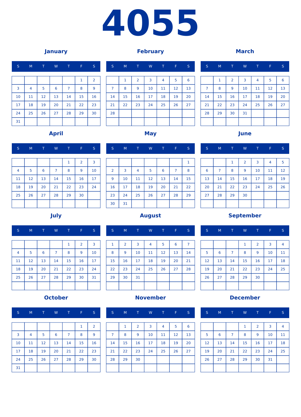 Printable 4055 Year Calendars smalt