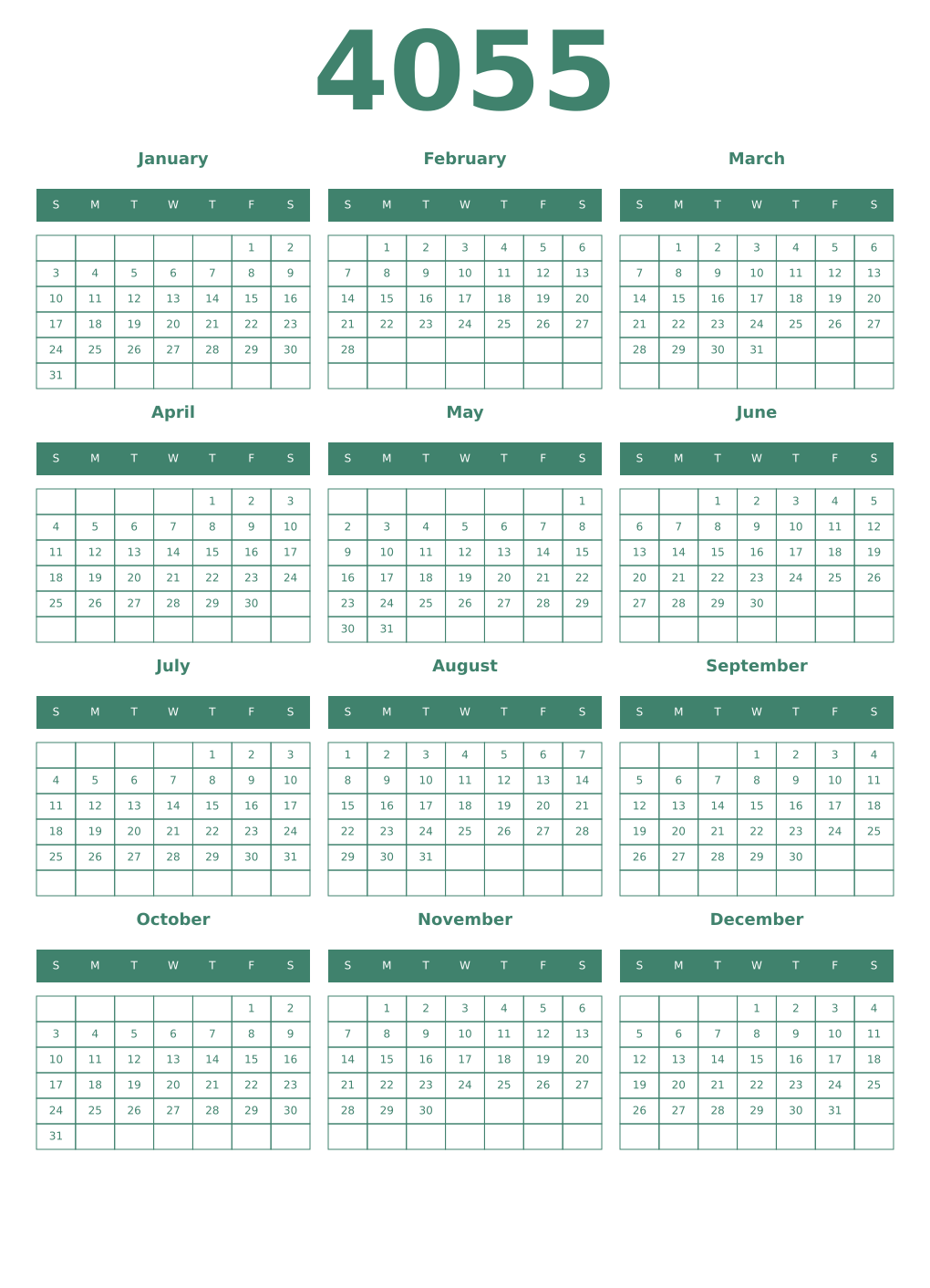 Printable 4055 Year Calendars viridian