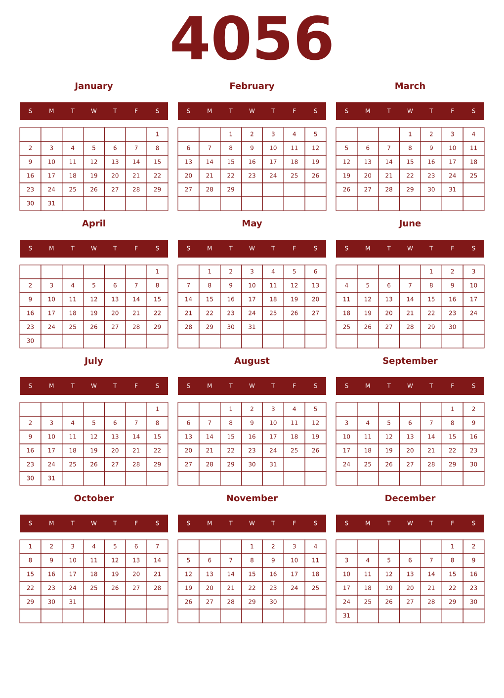 Printable 4056 Year Calendars falu