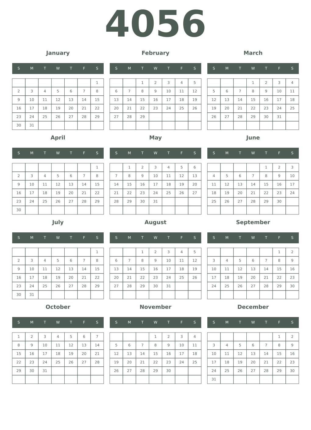 Printable 4056 Year Calendars feldgrau