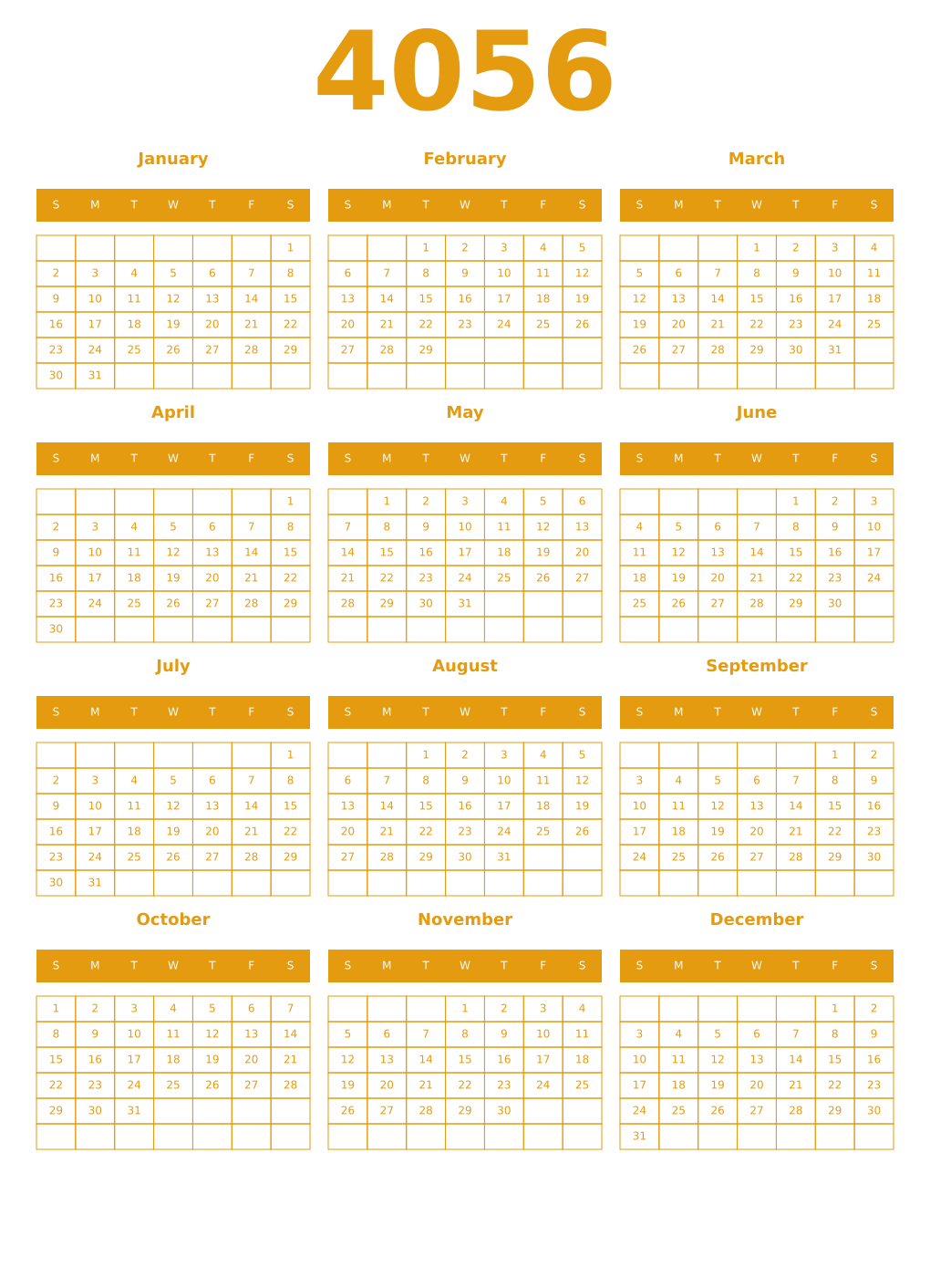 Printable 4056 Year Calendars gamboge