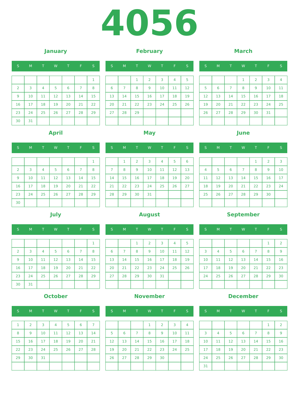 Printable 4056 Year Calendars green