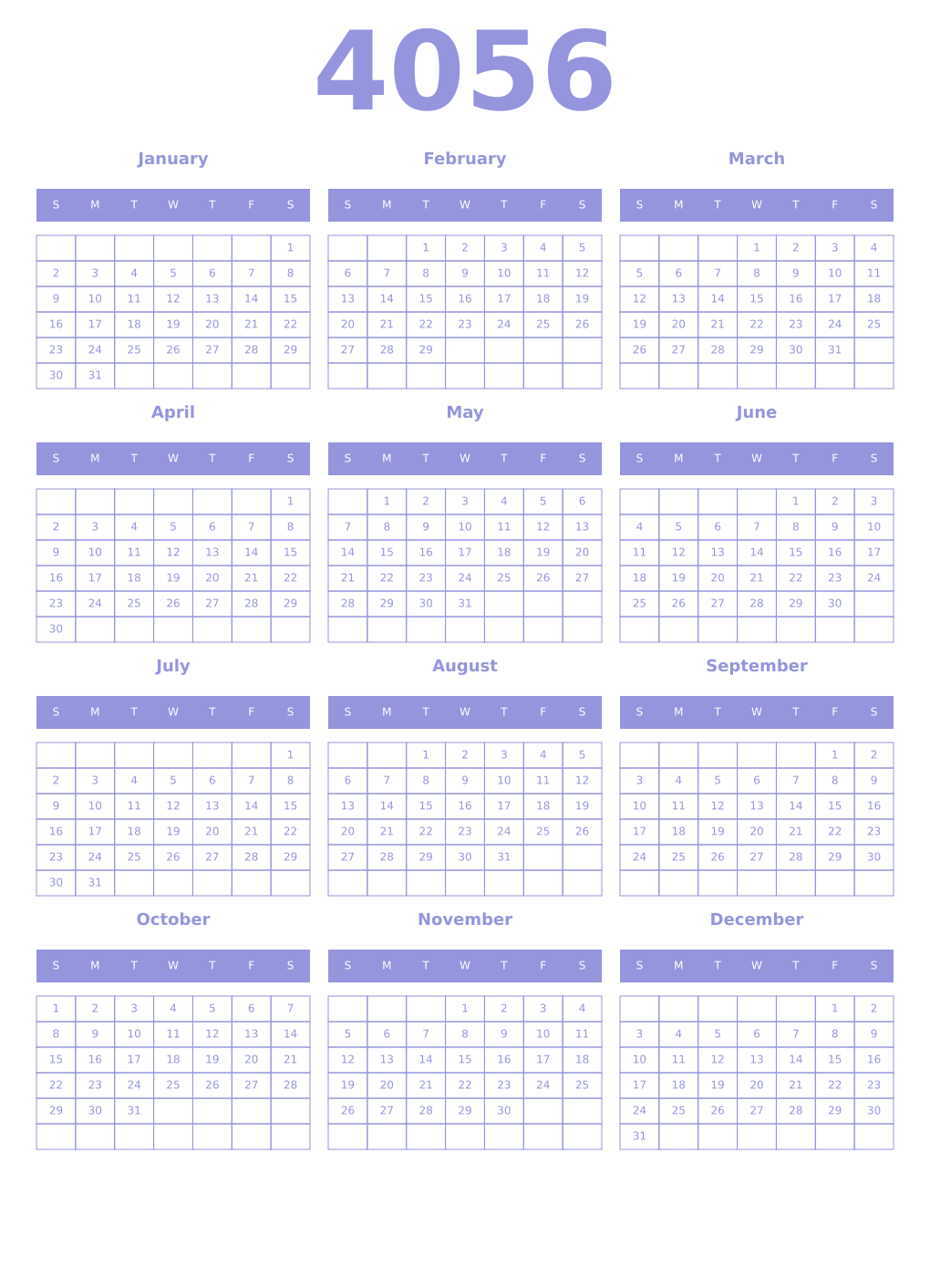 Printable 4056 Year Calendars periwinkle