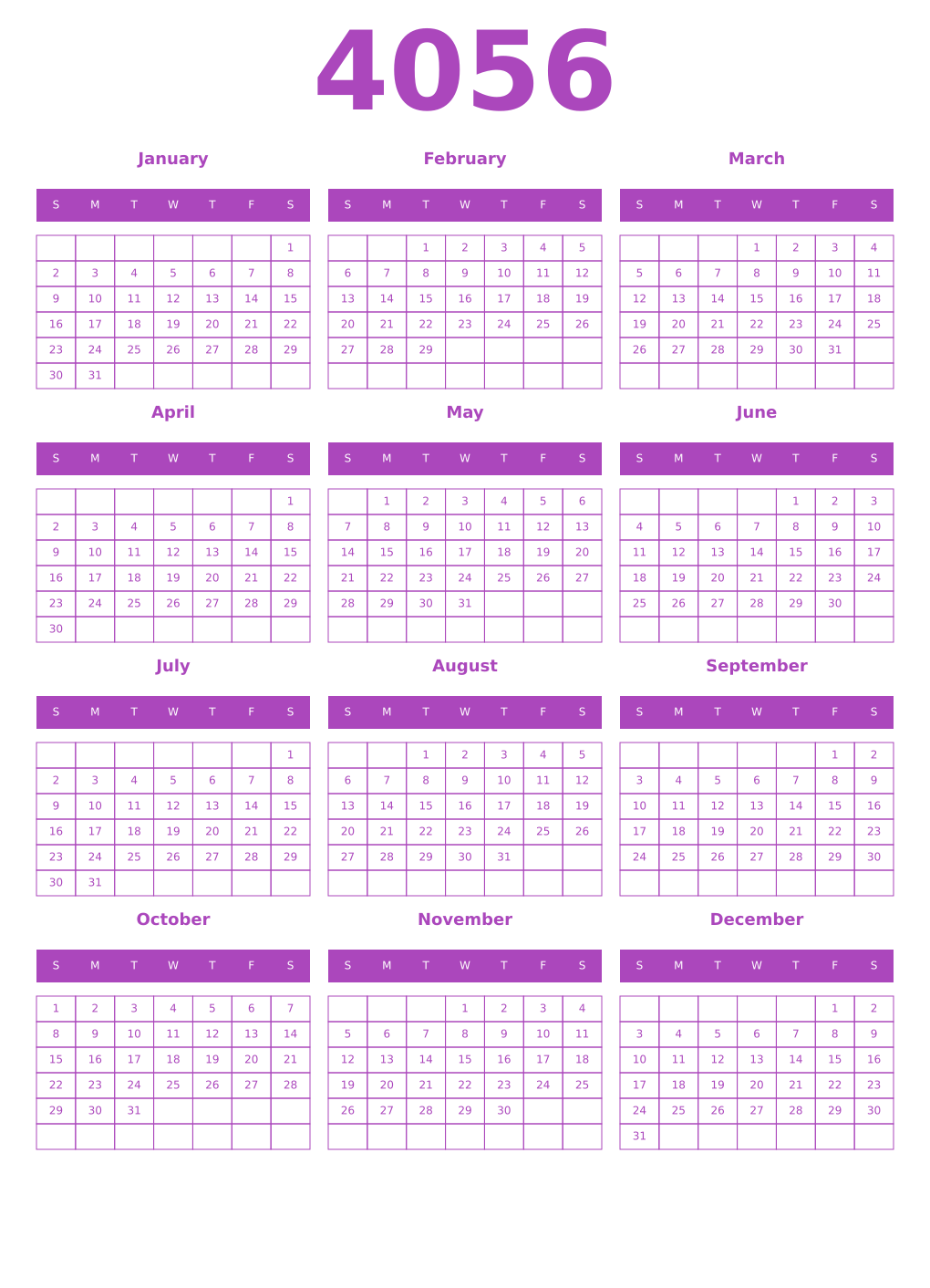 Printable 4056 Year Calendars purple