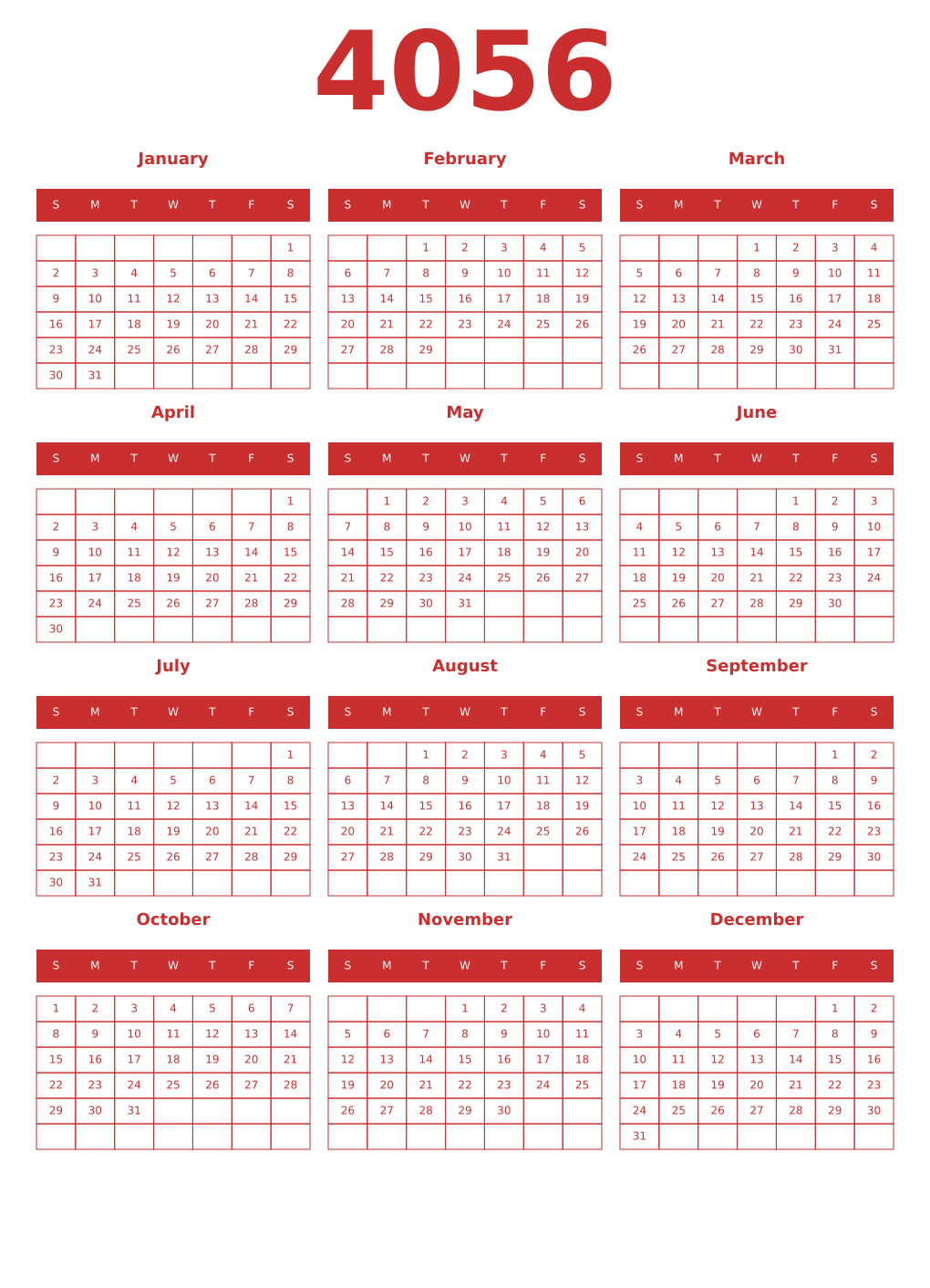 Printable 4056 Year Calendars red