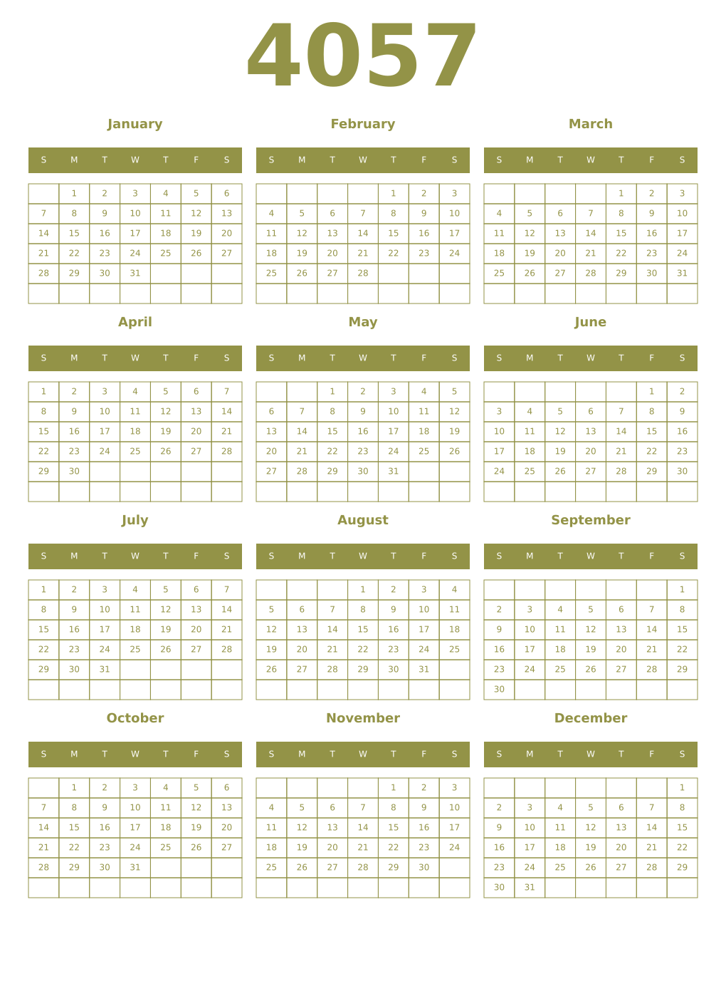 Printable 4057 Year Calendars eburnean