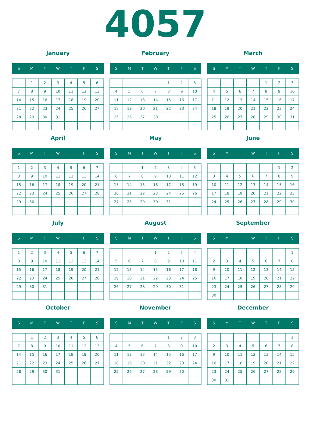 Printable 4057 Year Calendars pastel