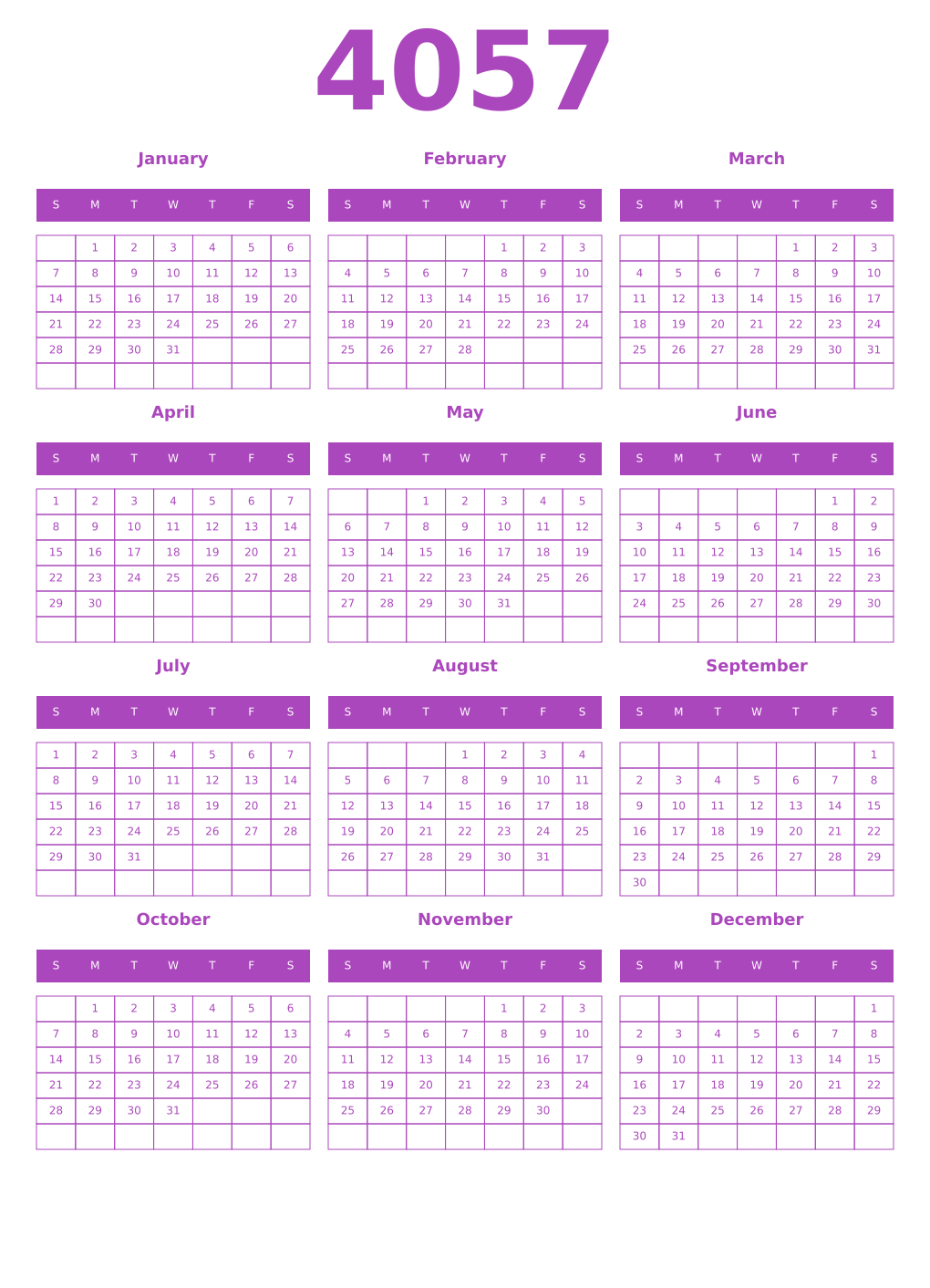 Printable 4057 Year Calendars purple