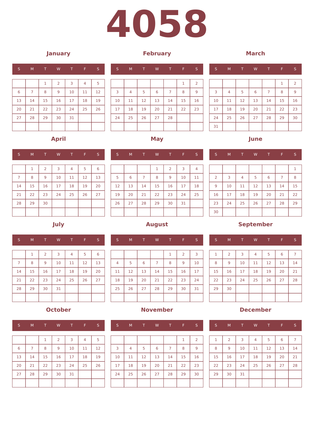 Printable 4058 Year Calendars cordovan