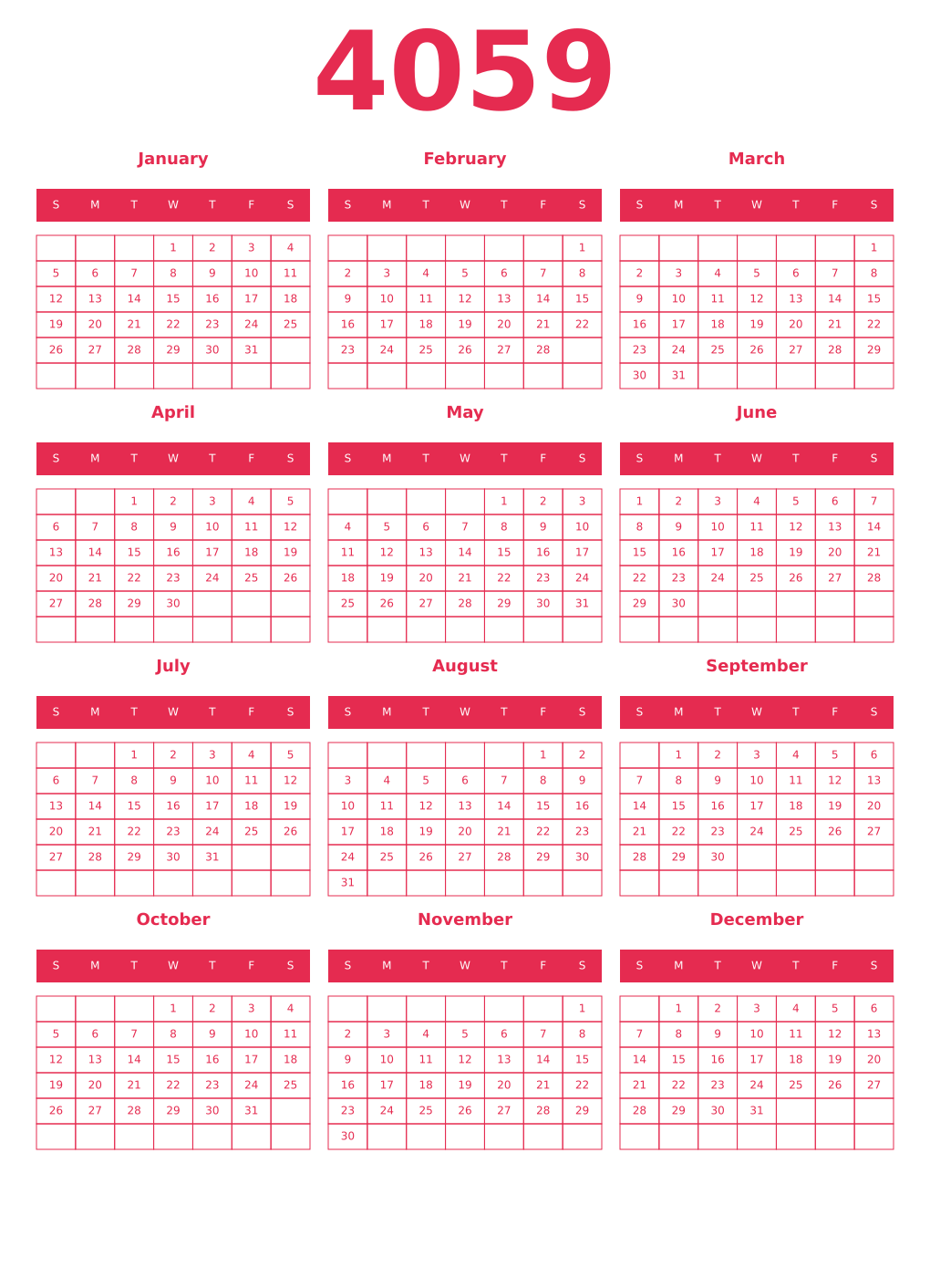 Printable 4059 Year Calendars amaranth