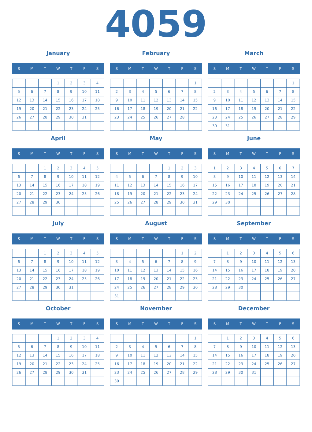 Printable 4059 Year Calendars blue
