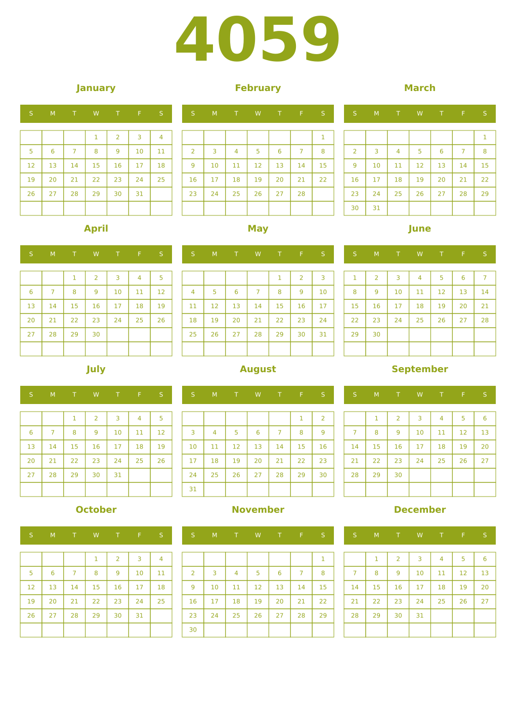 Printable 4059 Year Calendars chartreuse