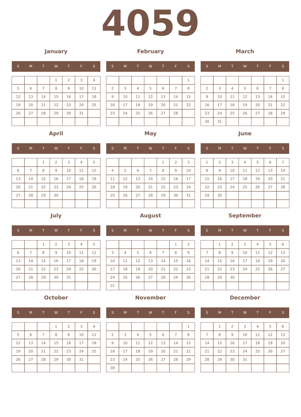 Printable 4059 Year Calendars coffe