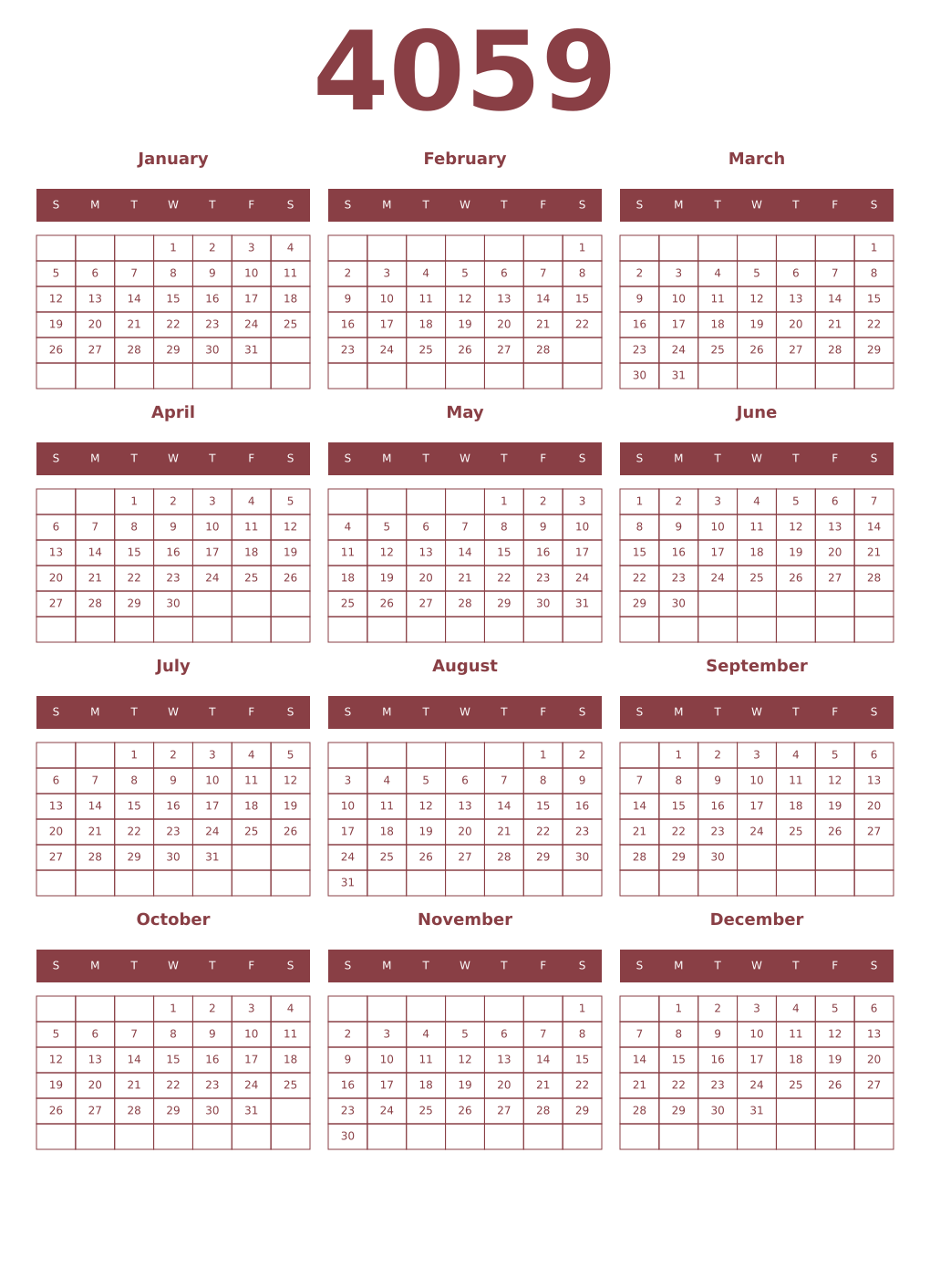Printable 4059 Year Calendars cordovan
