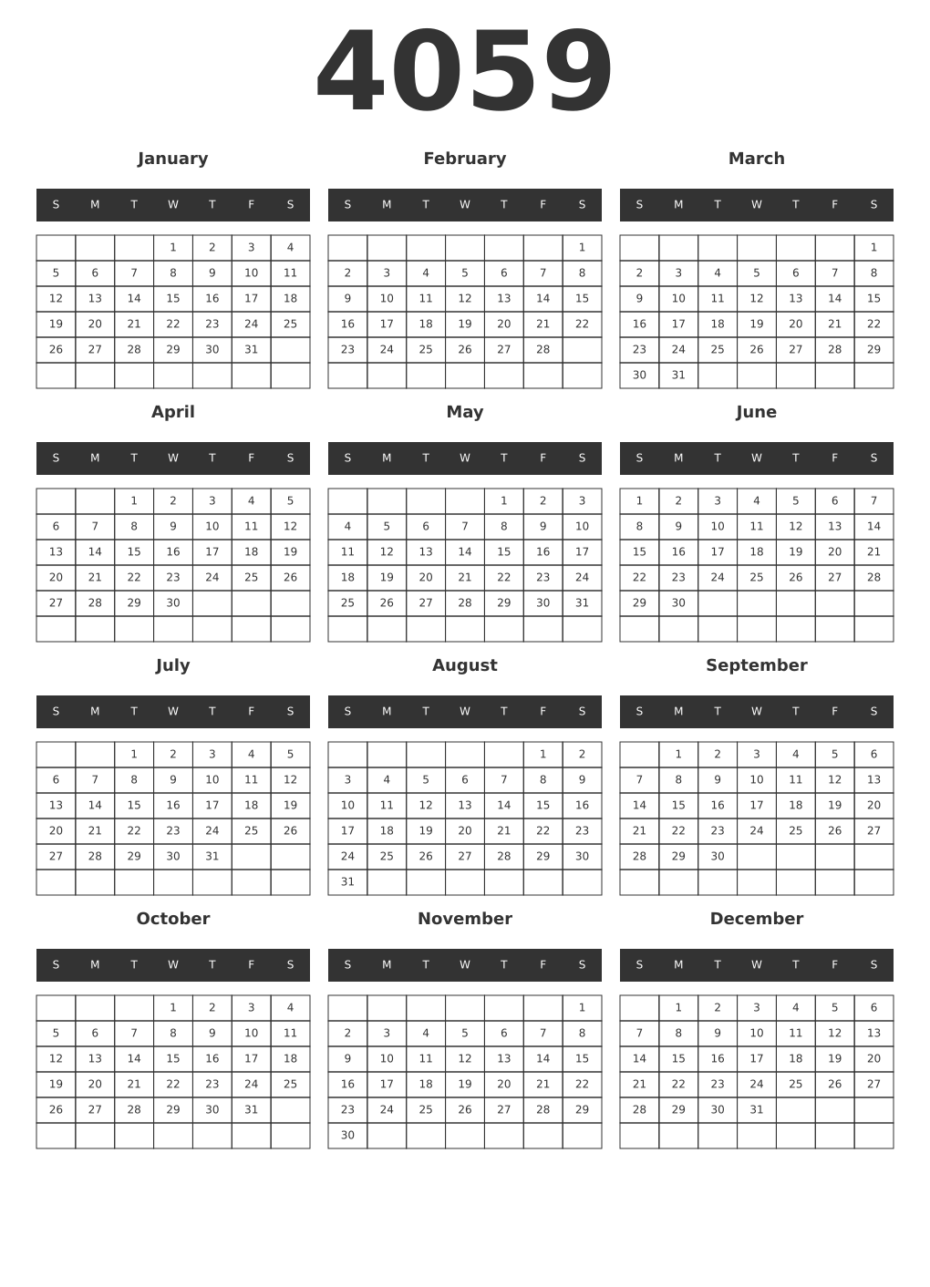 Printable 4059 Year Calendars dark
