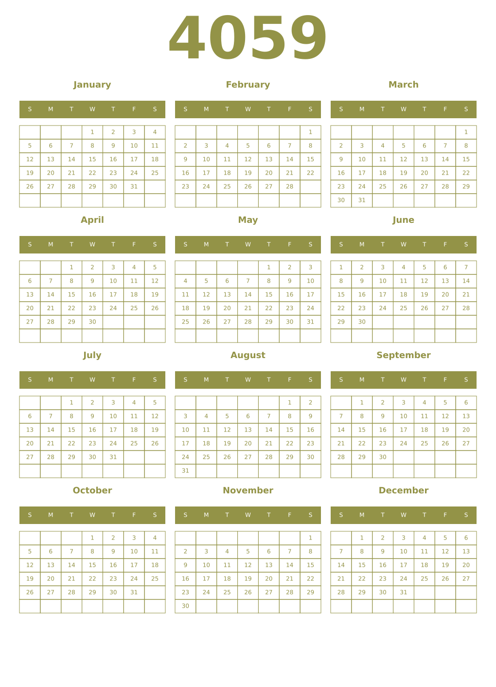 Printable 4059 Year Calendars eburnean