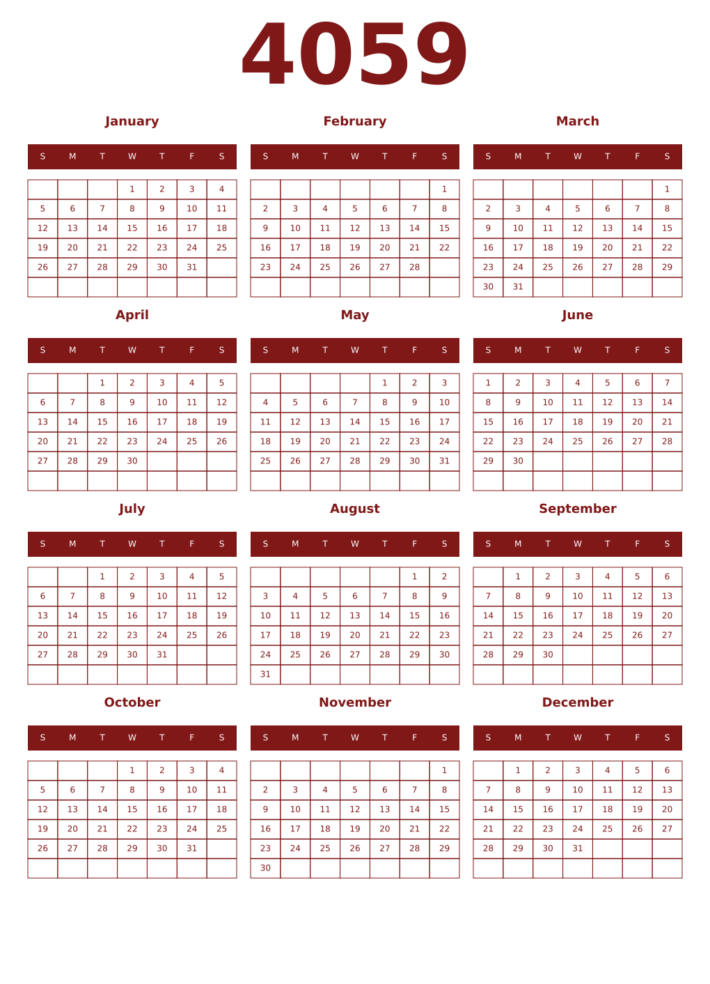 Printable 4059 Year Calendars falu
