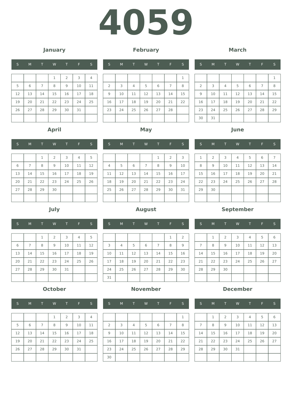 Printable 4059 Year Calendars feldgrau