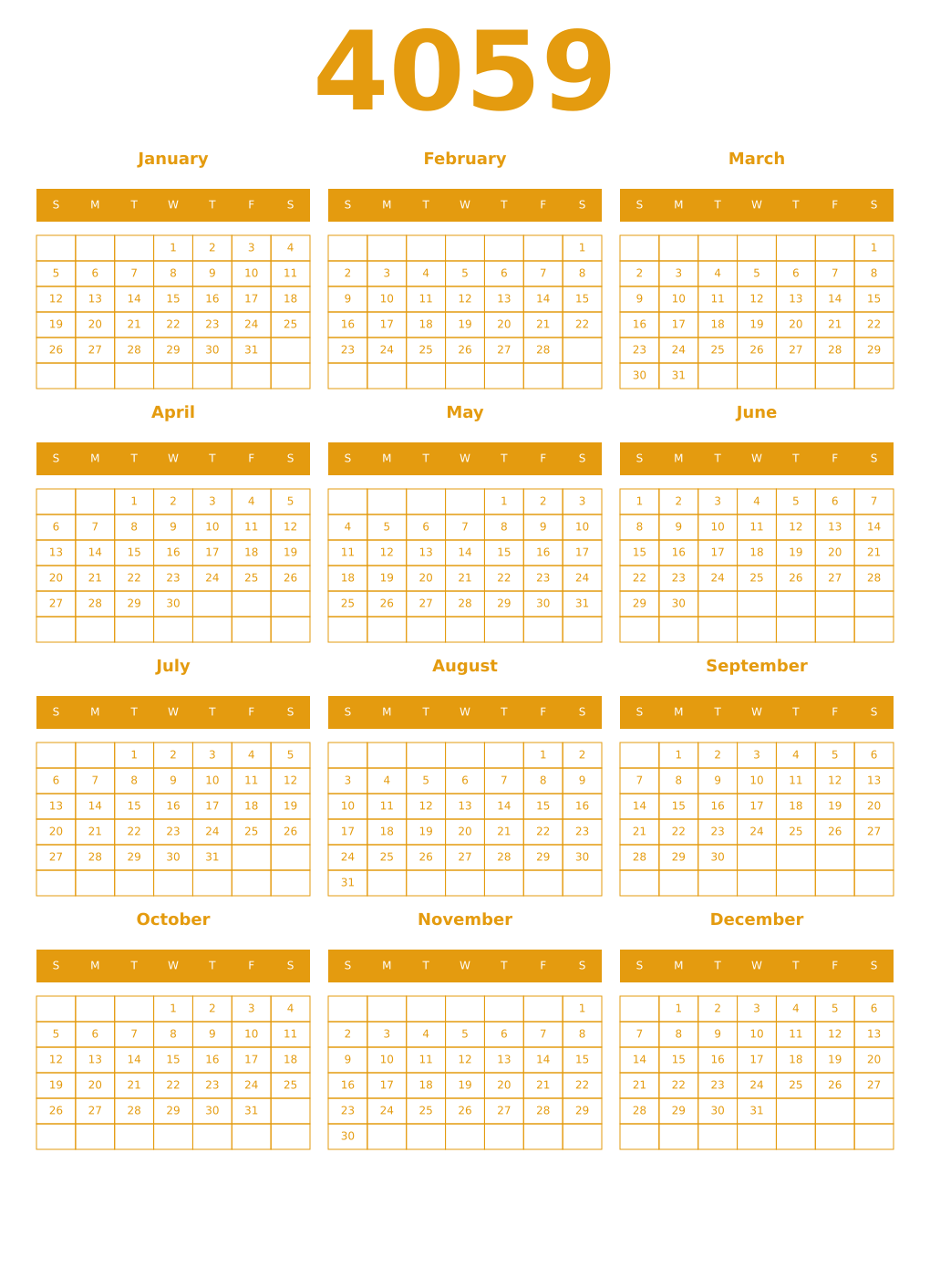 Printable 4059 Year Calendars gamboge