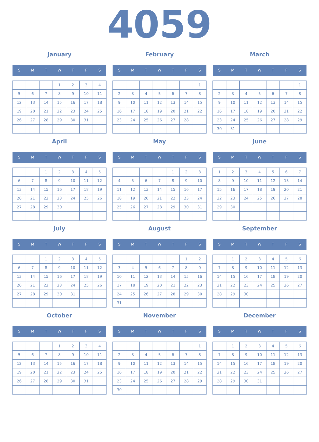Printable 4059 Year Calendars glaucous