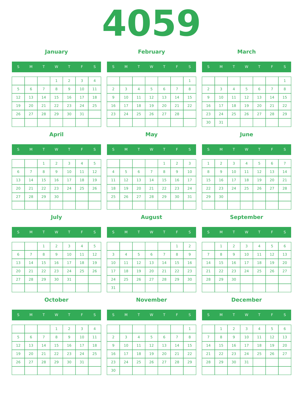 Printable 4059 Year Calendars green
