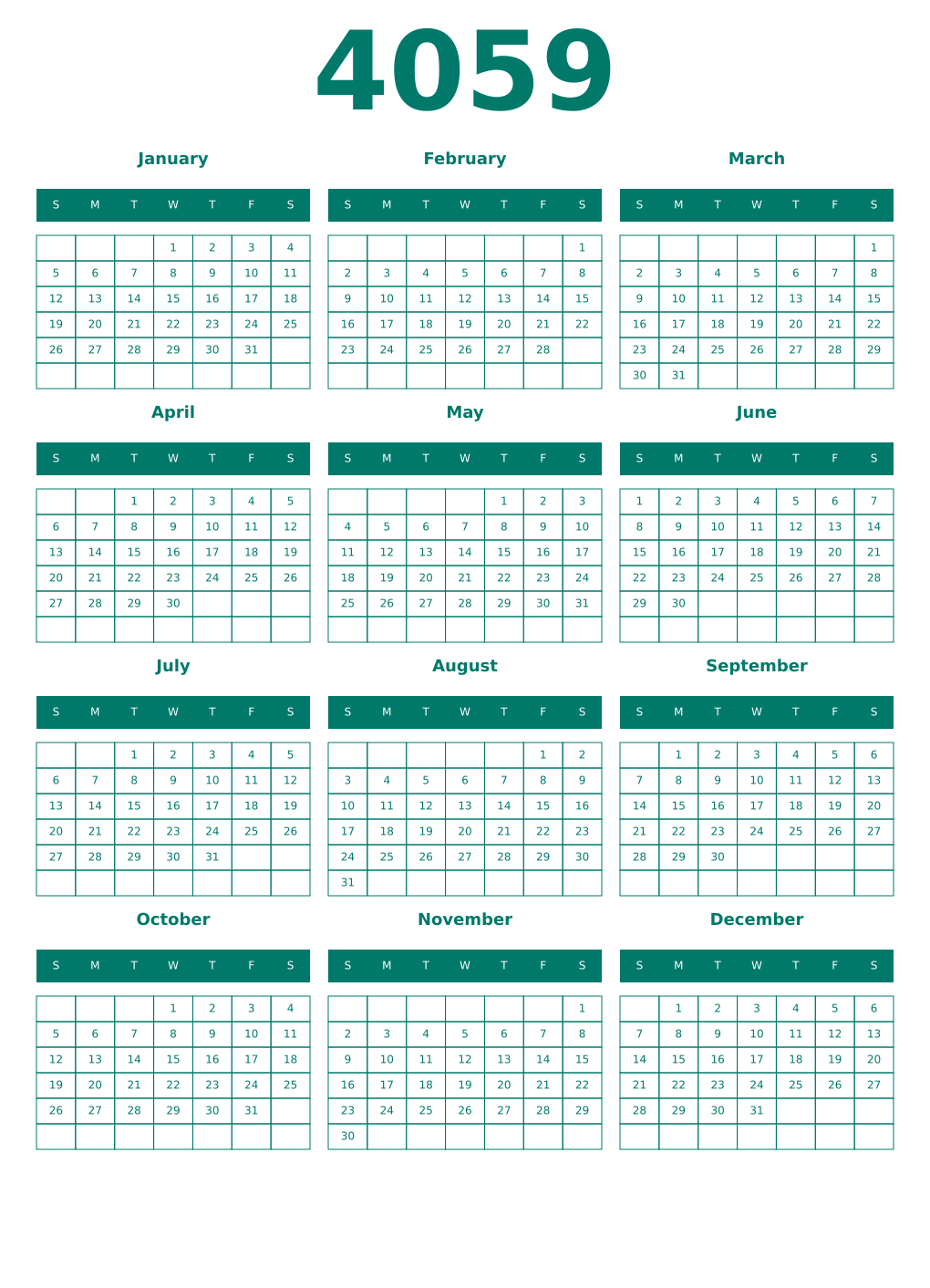 Printable 4059 Year Calendars pastel