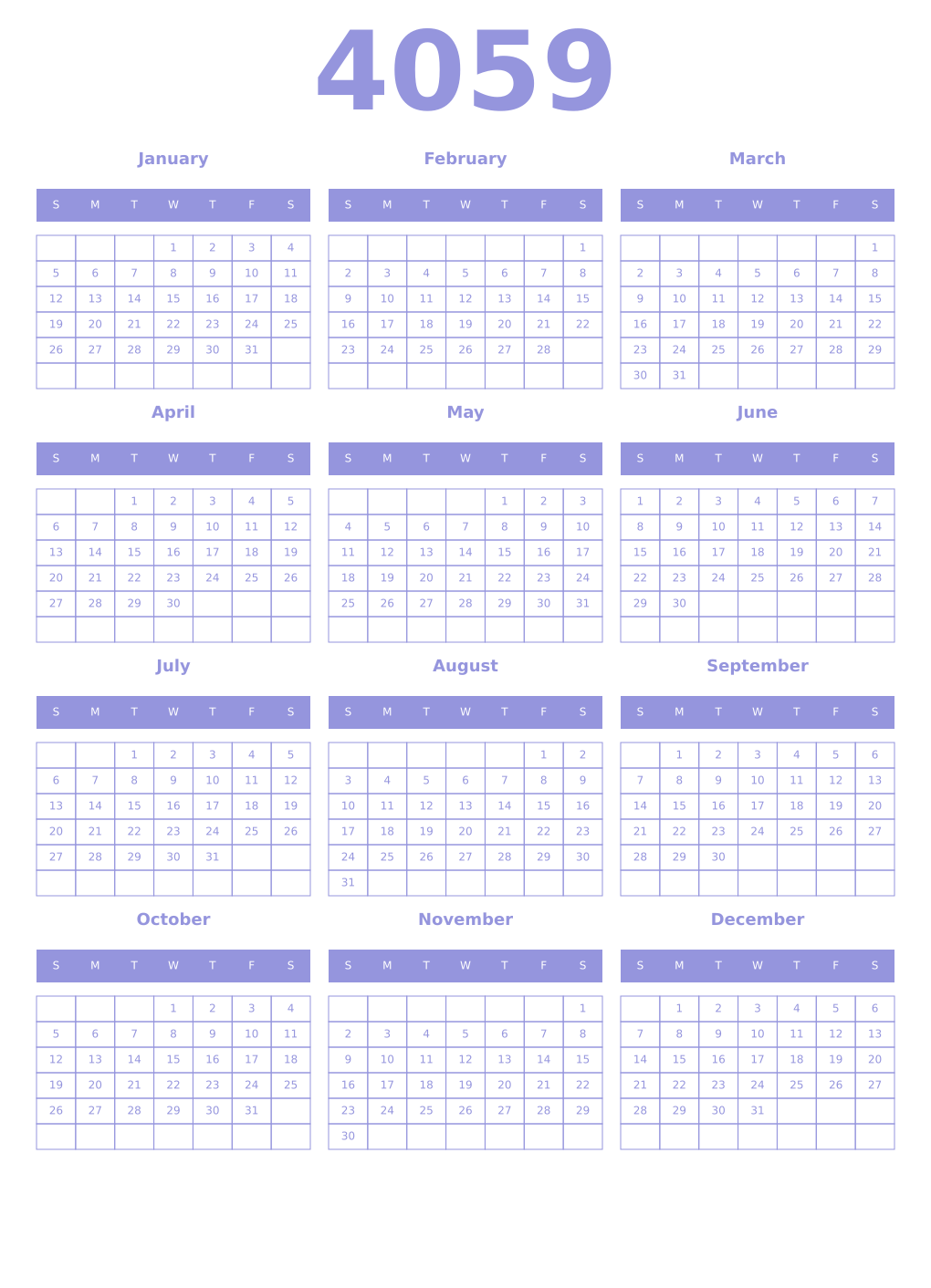 Printable 4059 Year Calendars periwinkle