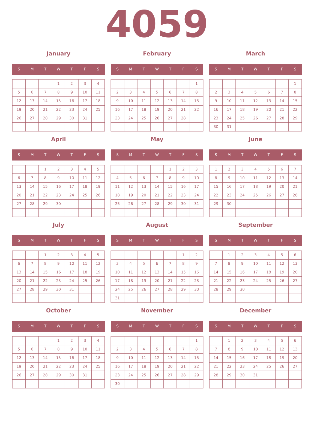 Printable 4059 Year Calendars puce